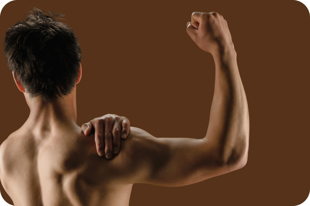 Homem de costas, exibindo músculos do braço (bíceps, tríceps e ombro) e das costas, em fundo marrom. Representa a força e o ganho de massa muscular em homens.