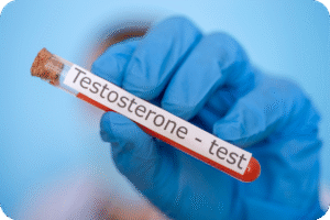 Tubo de ensaio contendo uma amostra de sangue e um rótulo escrito "Testosterone - test" (Teste de Testosterona), sendo segurado por uma mão enluvada. A imagem simboliza o diagnóstico e a avaliação dos níveis hormonais.